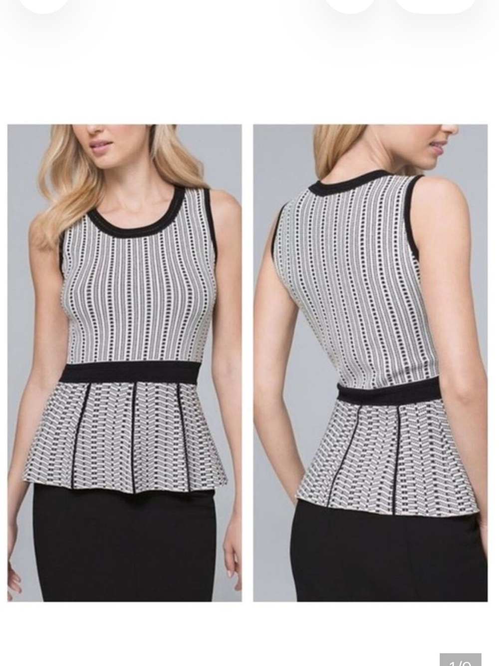 White House Black Market Black & White Peplum Top, Size XSmall, EUC